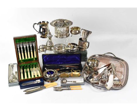 A mixed lot of plated ware to include a cased set of hallmarked silver collared knives and forks, a horn-handled carving set,