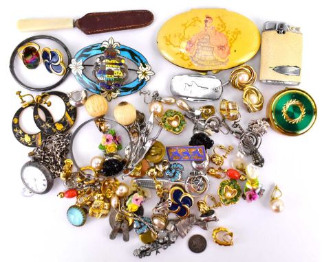 Various items of mixed costume jewellery to include a silver fob watch chain, Canadian enamel badge, lighter, pen knives, ear