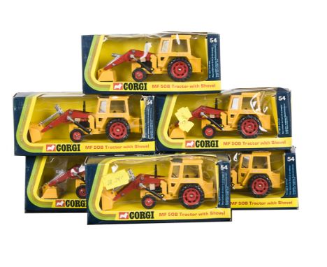 Corgi Toys 54 Massey Ferguson MF 50B Tractor With Shovel, six examples, in original boxes, E, boxes F-VG (6) 