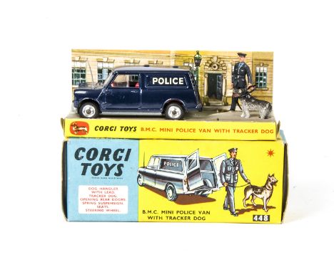 A Corgi Toys 448 B.M.C. Mini Police Van With Tracker Dog, dark blue body, red interior, spun hubs, aerial, policeman and dog,