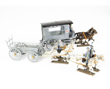 Mignot France 1920s version 2 tier boxed set WWI French Army horse-drawn vehicles, comprising 2 horse ambulance and 4 horse w