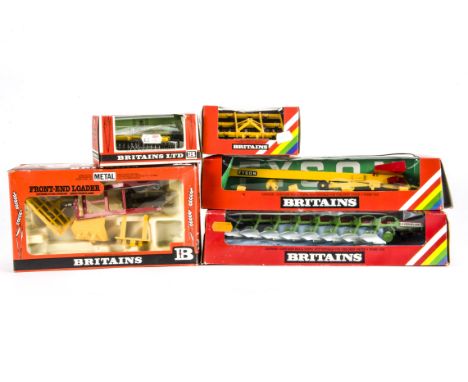 Britains boxed tractor drawn farm implements, mainly 1980s versions, 9553 Disc Harrow, 9554 8 Furrow Plough, 9561 Cultivator,