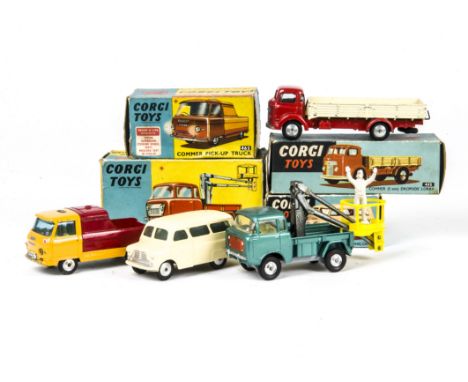 Corgi Toy Commercials, 465 Commer Pick-Up Truck, 478 Hydraulic Tower Wagon, 404 Bedford Dormobile, cream body, 452 Commer Dro