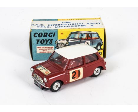 A Corgi Toys 333 SUN R.A.C Rally B.M.C Mini Cooper S, red body and interior, white roof, RN21, 'SUN RAC International Rally' 