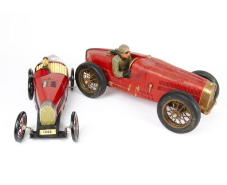 A pair of large scale Bugatti Racing Cars, larger model (length 21cm) in resin and smaller Paya model (length 19cm) in tinpla