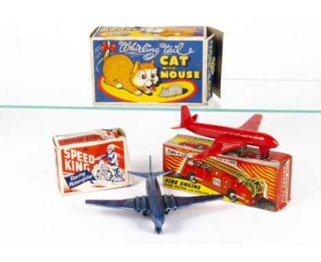 Wells Brimtoy and other Tin and Plastic Toys, Marx Whirling Tail clockwork plastic Cat with Mouse, Wells-Brimtoy No 146 Gyro 