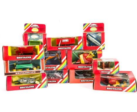 Britains boxed tractor drawn farm implements, mainly 1980s versions, 9532 Round Baler, 9536 Rear mounted Digger, 9537 Vicon V