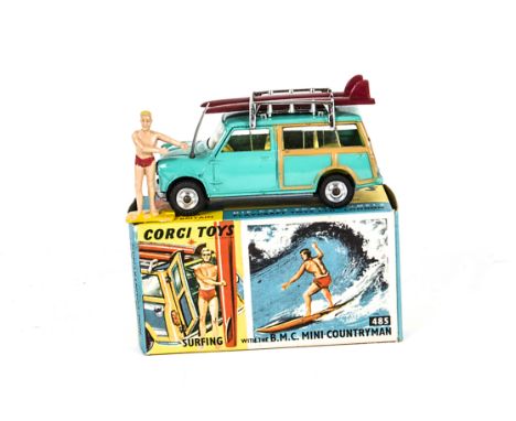 A Corgi Toys 485 BMC Mini Countryman with Surfer, sea-green body, lemon interior, two surfboards, male figure, spun hubs, in 