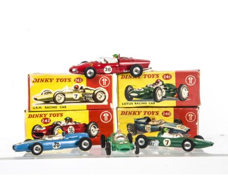 Corgi Toys Formula 1 Racing Cars, 240 Cooper Racing Car, 242 Ferrari Racing Car, 243 B.R.M Racing Car, 241 Lotus Racing Car, 