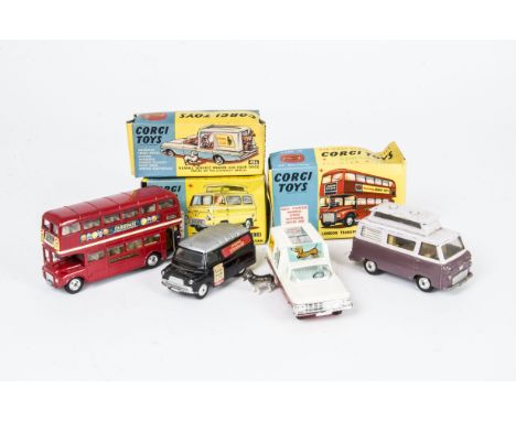 Corgi Toys 486 Kennel Service Wagon With Four Dogs, 468 London Transport Routemaster Bus, 420 Ford Thames Airborne Caravan, l