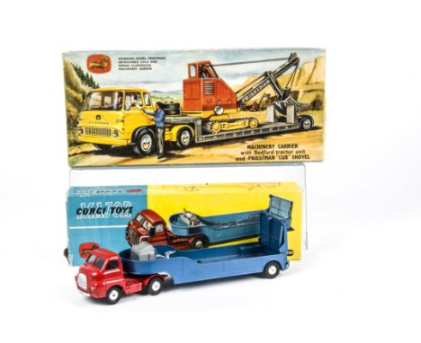 Corgi Major Toys 1100 Bedford Carrimore Low-Loader, red cab, metallic blue trailer, smooth hubs, Gift Set 27 Machinery Carrie