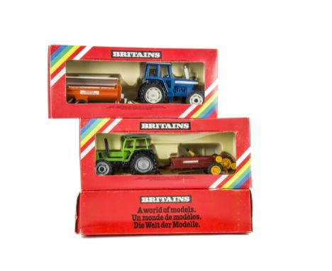 Britains boxed tractor sets comprising 9585 Fiat Tractor and Alfa Laval Slurry Truck,  9588 Ford TW20 Tractor and Spreader, a
