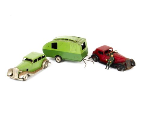 Tri-ang Minic Cars and Caravan,  18M Vauxhall Town Coupe in red with pre-war grille, possibly war period or early post-war (l
