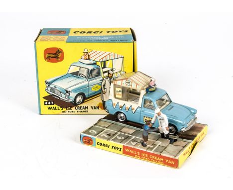 A Corgi Toys 447 Wall's Ice Cream Van, blue/cream Ford Thames van, salesman and boy figures, in original box with inner stand