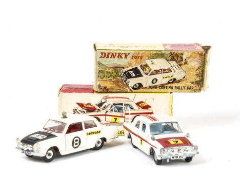 Dinky Toy Rally Cars, 205 Lotus Cortina Rally Car, white body, red bonnet and boot, RN7, 212 Ford Cortina Rally Car, white bo