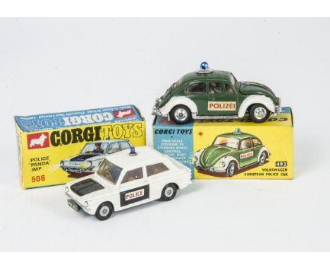 Corgi Toys 492 Volkswagen European Police Car, dark green body, white wings, red 'Polizei' decals, blue lamp, 506 Police Pand