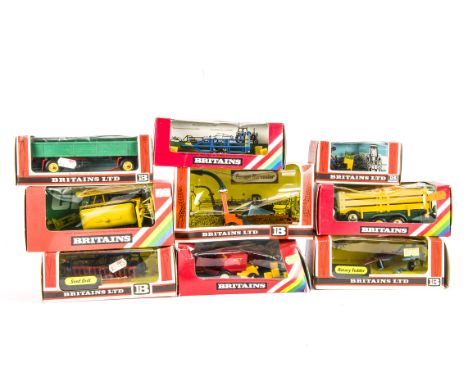 Britains boxed tractor drawn farm implements, mainly 1980s versions, 9539 Seed Drill, 9541 Rotary Tedder, 9542 Forage Harvest