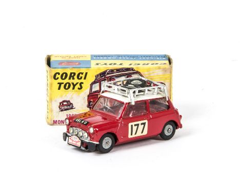 A Corgi Toys 339 Monte-Carlo B.M.C Mini Cooper S, red body and interior, white roof, RN177, 2 spare wheels on roof rack, cast