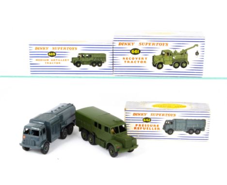 Military Dinky Supertoys, 642 Pressure Refueller, 661 Recovery Tractor, 689 Medium Artillery Tractor, in original boxes, VG-E