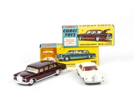 Corgi Toys 230 Mercedes-Benz 220 SE Coupe, cream body, red interior, spun hubs, 247 Mercedes-Benz 600 Pullman, metallic maroo