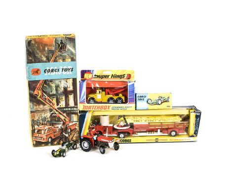 Corgi Toys, Lotus-Climax Formula 1 Racing Car, 1127 Simon Snorkel Fire Engine, 1143 American LaFrance Aerial Rescue Truck, in