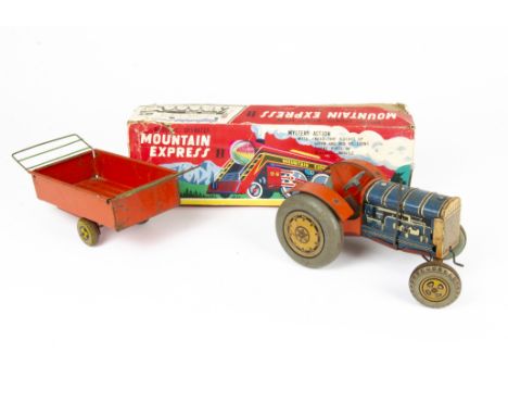 Mettoy Tin Tractor and Trailer and Modern Toys Tin Mountain Express, Clockwork Tractor in blue and red, (motor tested ok) wit