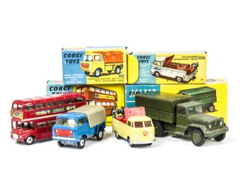 Corgi Toys 490 Volkswagen Breakdown Truck, light olive green body, 470 Forward Control Jeep, blue body, grey plastic tilt, 46