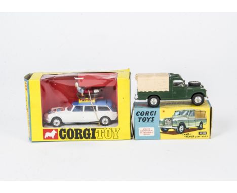 Corgi Toys 499 Citroën Safari 1968 Winter Olympics, white body, blue roof and interior, toboggan with figure, skier, skis and