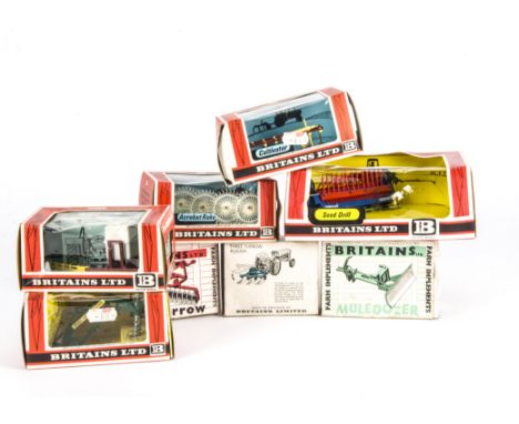 Britains boxed tractor drawn farm implements, mainly 1970s versions, 9530 3 Furrow Plough, 9534 Disc Harrow, 9535 Muledozer, 
