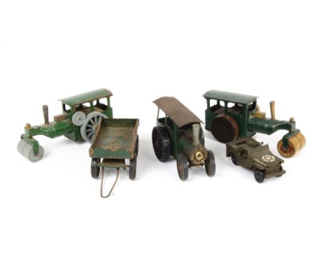 Tri-ang Minic Road Rollers Traction Engine Trailer and Jeep, 33M pre-war Steam Roller with wooden wheels and roller (tested o