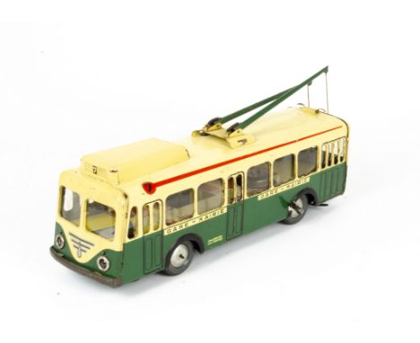 A Joustra (France) Tinplate Clockwork Paris Trolley-Bus No.444, large scale model with detailed tinprinted body in dark green