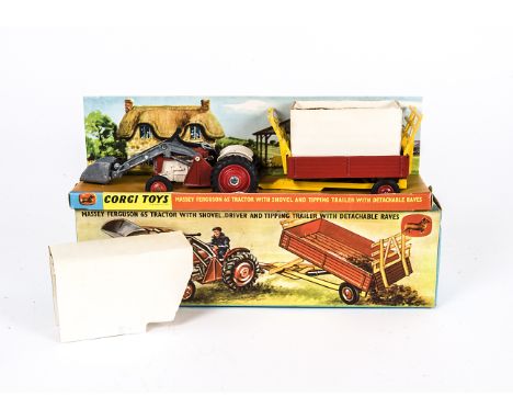 A Corgi Toys Gift Set 32 Tractor With Shovel &amp; Trailer Set, comprising 54 Massey-Ferguson 65 Tractor with shovel, 62 Tipp