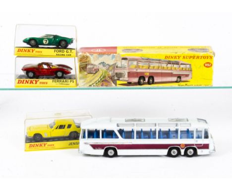 Dinky Toys 952 Vega Major Luxury Coach, pale grey body, blur interior, maroon side flash, cast hubs, 188 Jensen FF, 220 Ferra