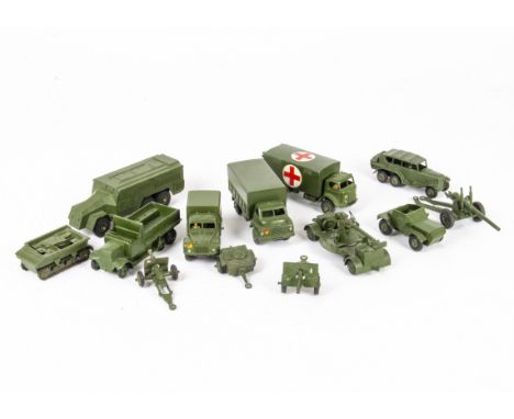 Military Dinky Toys, including 162a Light Dragon Tractor, 162b Ammunition Trailer, 162c 18-Pounder Gun, 161b Anti-Aircraft Gu