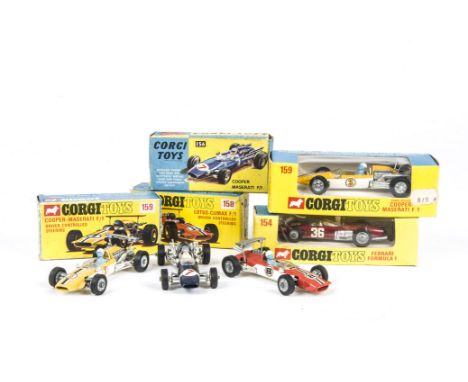 Corgi Toys Formula 1 Racing Cars, 158 Lotus Climax, RN8, 156 Cooper Maserati, RN7, 154 Ferrari, RN36, detailed cast hubs, 159