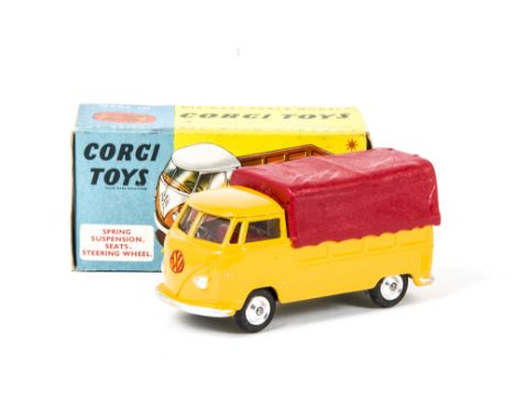 A Corgi Toys 431 Volkswagen Pick-Up, yellow body, red plastic canopy, spun hubs, in original box with club leaflet, E, a few 