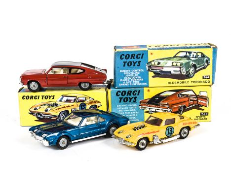 Corgi Toys 263 Marlin Rambler Fastback, 264 Oldsmobile Toronado, metallic dark blue, 337 Customised Chevrolet Corvette Stingr