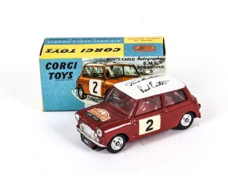 A Corgi Toys 321 Monte Carlo Autographed BMC Mini Cooper S, red body and interior, white roof with 'Timo Makinen' and 'Paul E