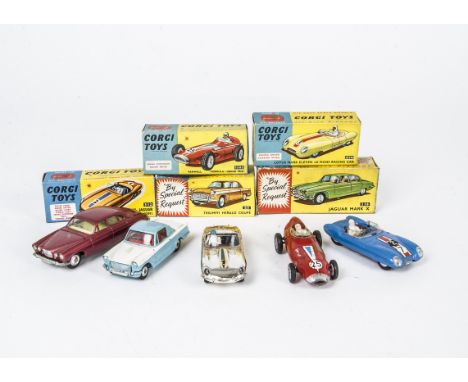 Corgi Toy Cars, 231 Triumph Herald Coupe, 238 Jaguar Mark X, metallic cerise, 312 Jaguar E-Type Competition, 151A Lotus Mark 