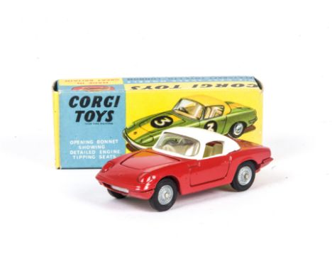 A Corgi Toys 319 Lotus Elan Coupe, red body, white top, cast hubs, detachable chassis, in original box, E, box G-VG 