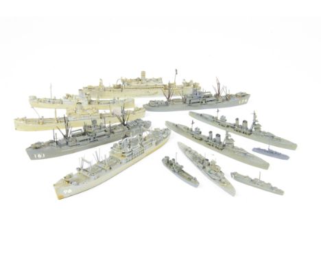 Various makers Naval 1:1250 scale Waterline Models, including 'Exeter', D80, 595, D82, D90, D60, Schowanet 73 'Talladega', Me