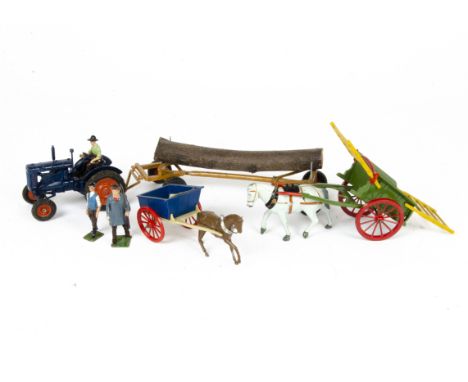 Britains Farm Tractor Trailer and Carts, 128f Fordson Major with rubber tyres and Driver and Timber Trailer in sand colour, b
