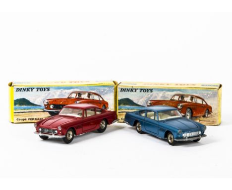 French Dinky Toys 515 Ferrari 250GT 2+2, two examples, first metallic blue body, second red body, both with off-white interio