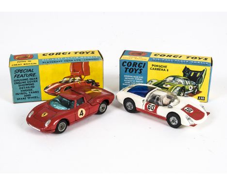 Corgi Toys 330 Porsche Carrera 6, white body, red bonnet and doors, RN60, cast hubs, blue engine cover, 314 Ferrari Berlinett