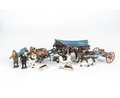 Lead farm items, including Britains 4 wheel cart, Race Horse, rake, Charbens Organ Grinder, cart horse, Britains (40+) and ot