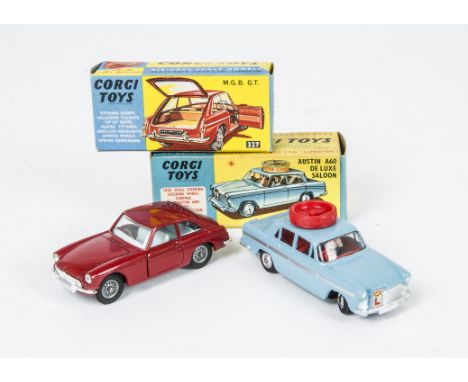 Corgi Toys 236 Austin A60 Motor School Car, light blue body, two figures, spun hubs, Highway Code leaflet, 327 M.G.B GT, dark