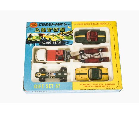 A Corgi Toys Gift Set 37 Lotus Racing Team, comprising 490 VW Breakdown Truck, red trailer, 318 Lotus Elan S2 Open Top, 319 L