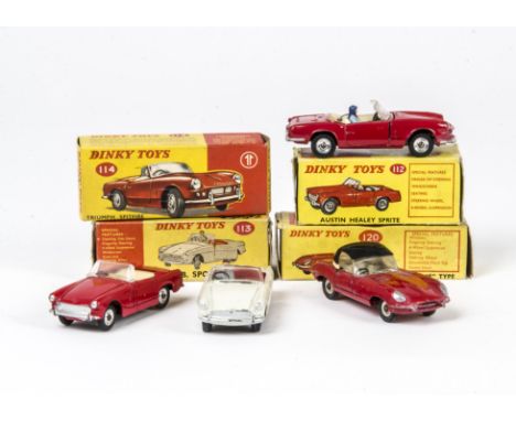 Dinky Toy Open Top Sports Cars, 112 Austin Healey Sprite, 120 Jaguar E Type, 113 M.G.B Sports Car, 114 Triumph Spitfire, red 