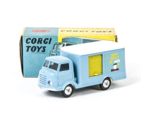 A Corgi Toys 435 Karrier Bantam Dairy Produce Van, light blue body, white roof, yellow shutters, spun hubs, in original box, 