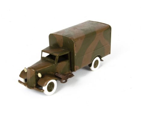 A Tri-ang Minic 21M CF Army Van, in camouflage finish with replacement white tyres, VG motor tested ok, inside of headlights 